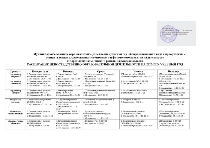 РАСПИСАНИЕ НЕПОСРЕДСТВЕННО ОБРАЗОВАТЕЛЬНОЙ ДЕЯТЕЛЬНОСТИ НА 2023-2024 УЧЕБНЫЙ ГОД